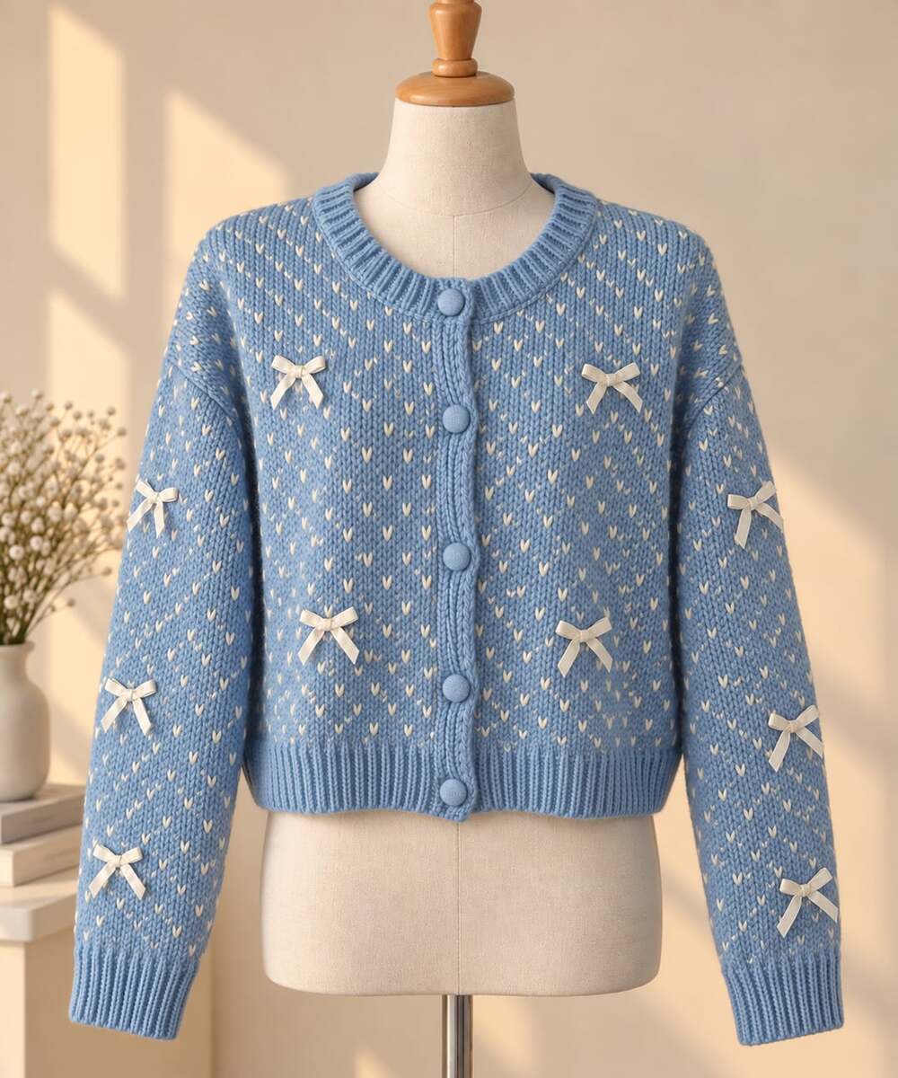 Coquette Bow Boxy Cardigan XL Blue Cream Chunky Knit Balletcore Soft Girl Sweate
